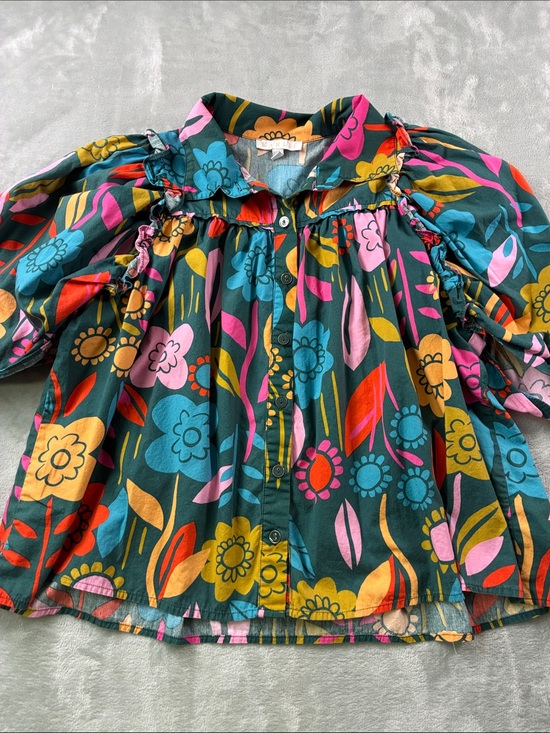 Karlie Tops - Karlie Womens Small Floral Blouse Green Multicolor Ruffle Cold Shoulder Top